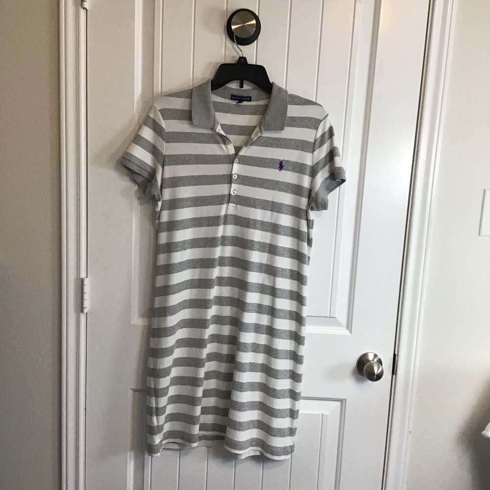 Ralph Lauren Striped Polo Dress Gray White Size XL Summer Sporty Casual Chic - Picture 2 of 9
